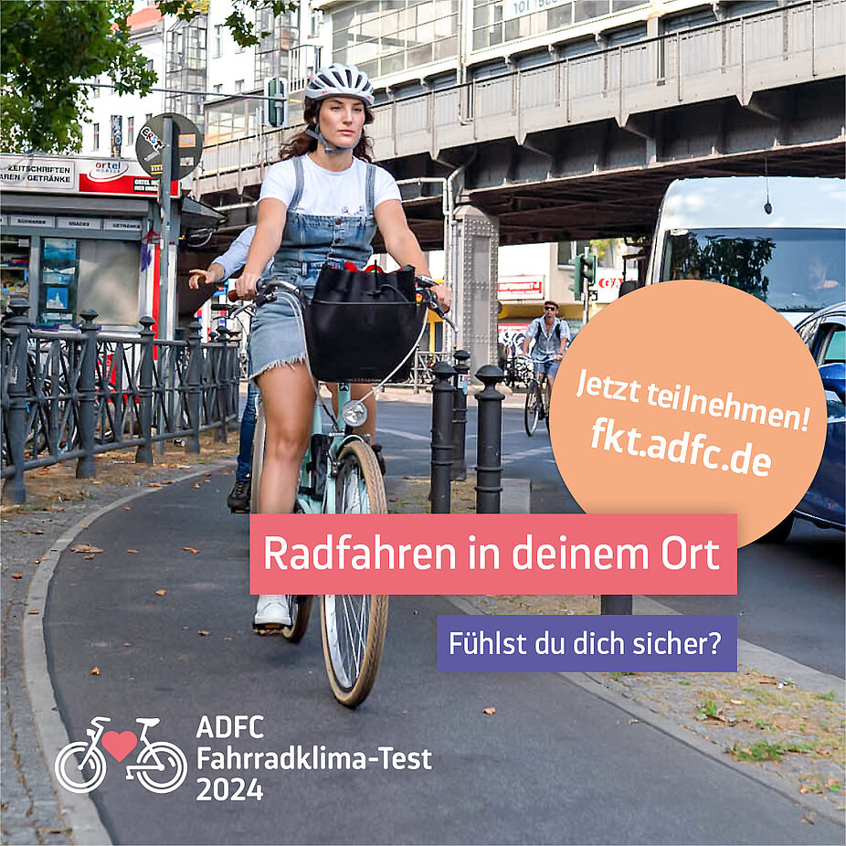 Sharepic ADFC-Fahrradklima-Test - Sicherheit Radfahren in deinem Ort - fühlst du dich sicher? Jetzt mitmachen beim ADFC-Fahrradklima-Test 2024!