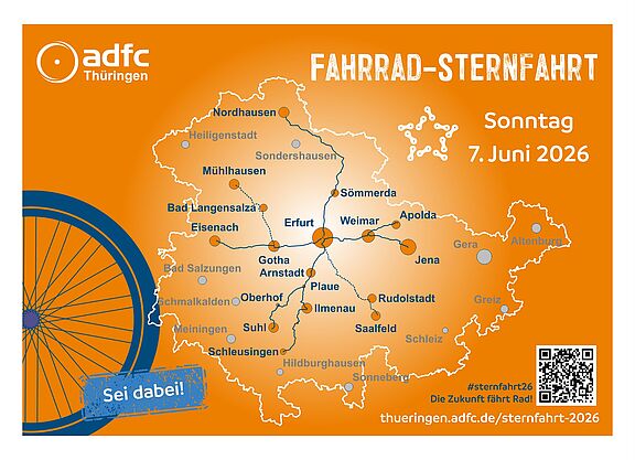 Zu sehen ist eine Grafik zur Thüringer Fahrrad-Sternfahrt, die den Routenverlauf der Demonstration zeigt.