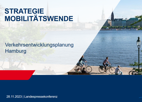 Titelbild eines Papiers zur Mobilitätswende-Strategie mit einem Gewässer und Radfahrern, die davor langfahren.