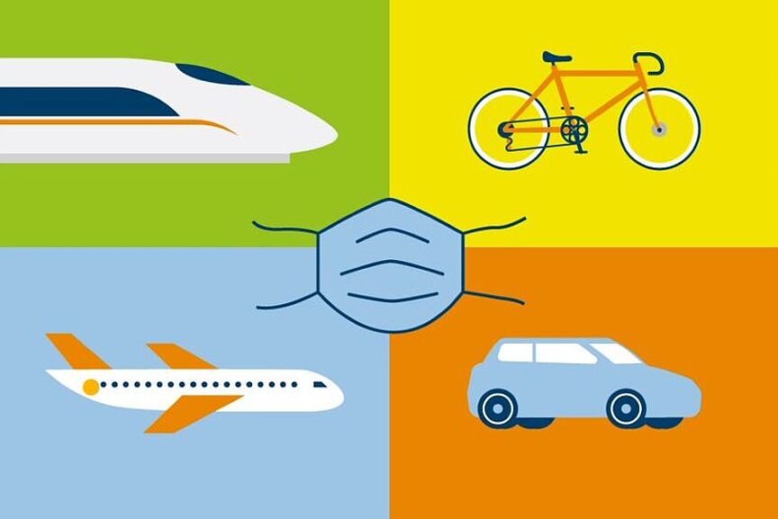 Keyvisual Mobilitätsmonitor 2020 Grafik zeigt verschiedene Transportmittel; in der Mitte wird ein Mund-Nase-Schutz gezeigt.