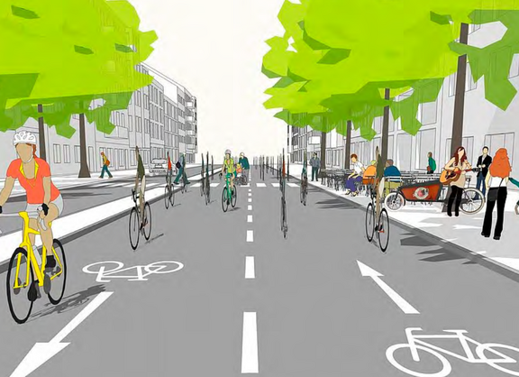 EIne Grafik einer Straßenszene mit vielen Radfahrenden. 