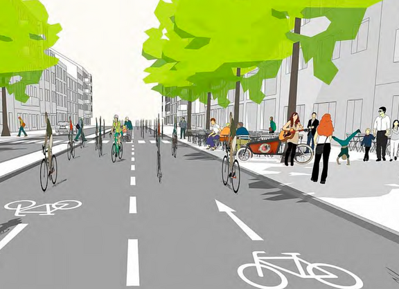 EIne Grafik einer Straßenszene mit vielen Radfahrenden. 