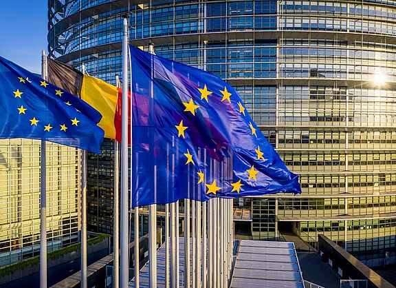 Luftansicht des Gebäudes des Europäischen Parlaments, Nationalflaggen im Vordergrund. 